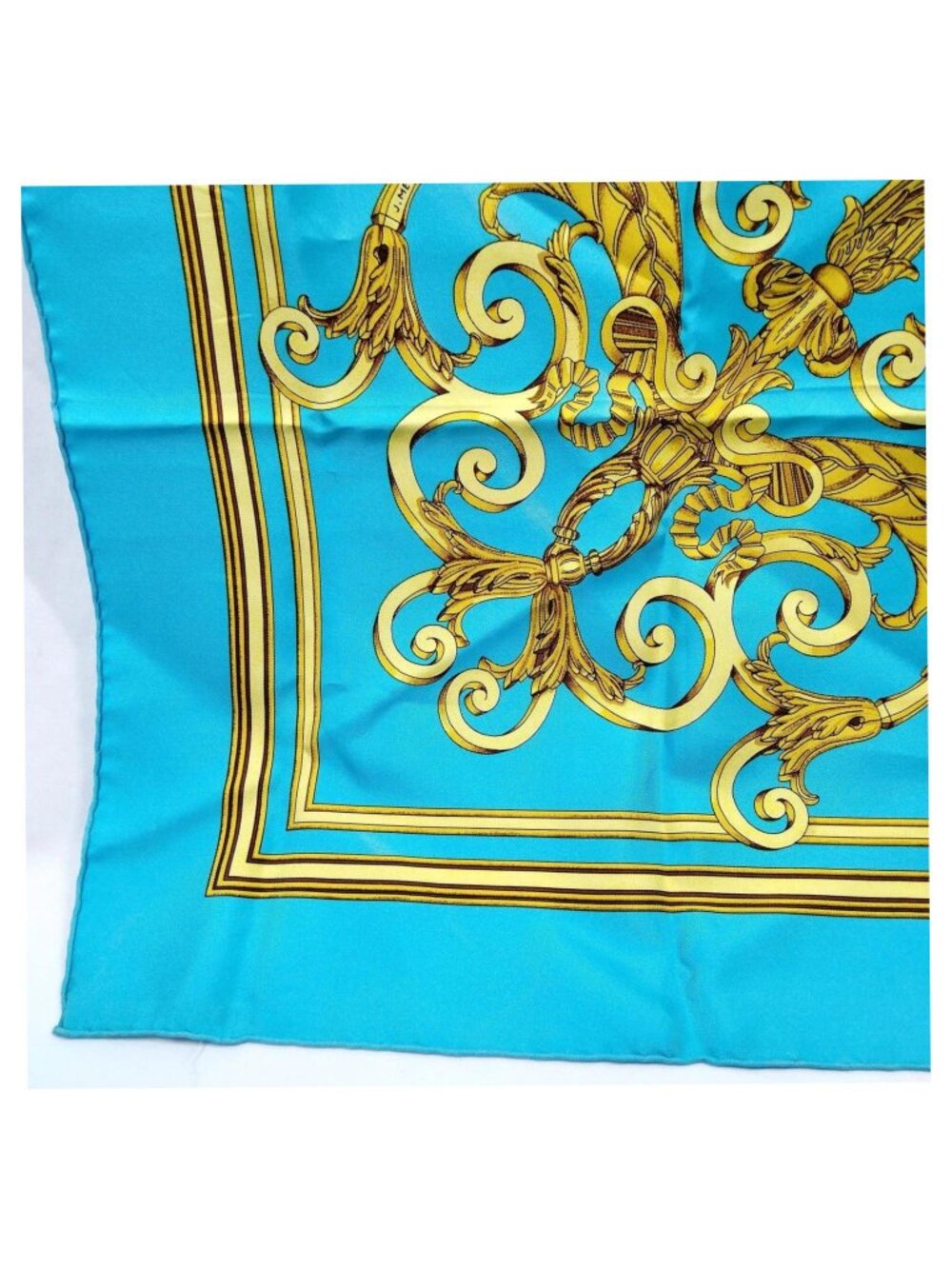 Authentic Hermès Les Tuileries Carré 90 Silk Scarf Blue Gold - Picture 7 of 10